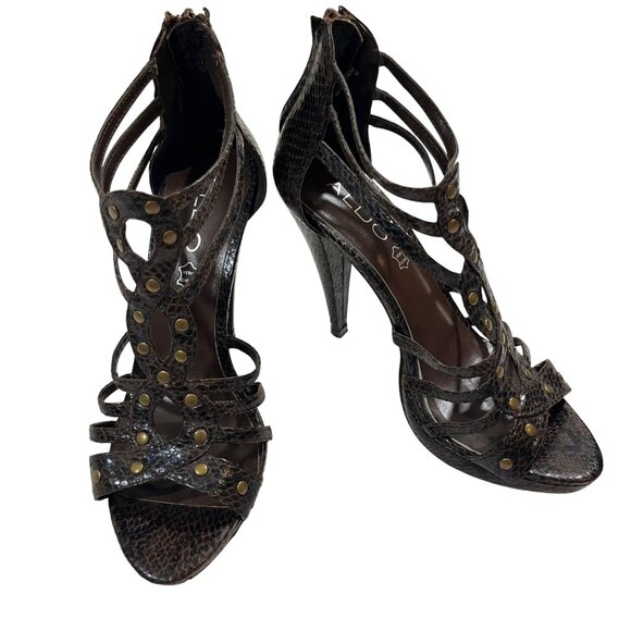 Aldo heels women's 37 US 6.5-7 brown leather strappy cage heels 5" heel - Picture 1 of 11